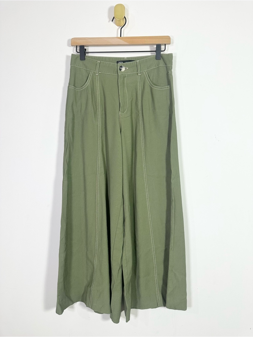 Zara Green High Rise Wide Leg Cropped Pants
